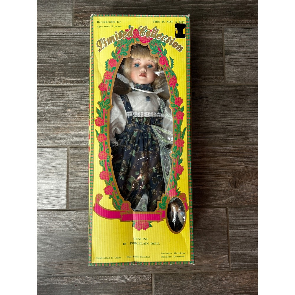VTG Limited Collection Genuine Porcelain Doll 18" w/ Stand, w/ matching ornament